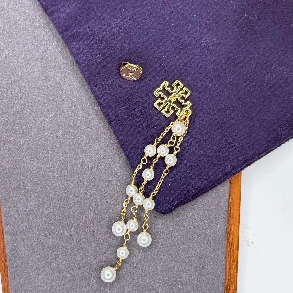 Tory Burch Gold Logo Pearl Tassel Drop Earrings | Statement Dangle - Picture 7 of 12